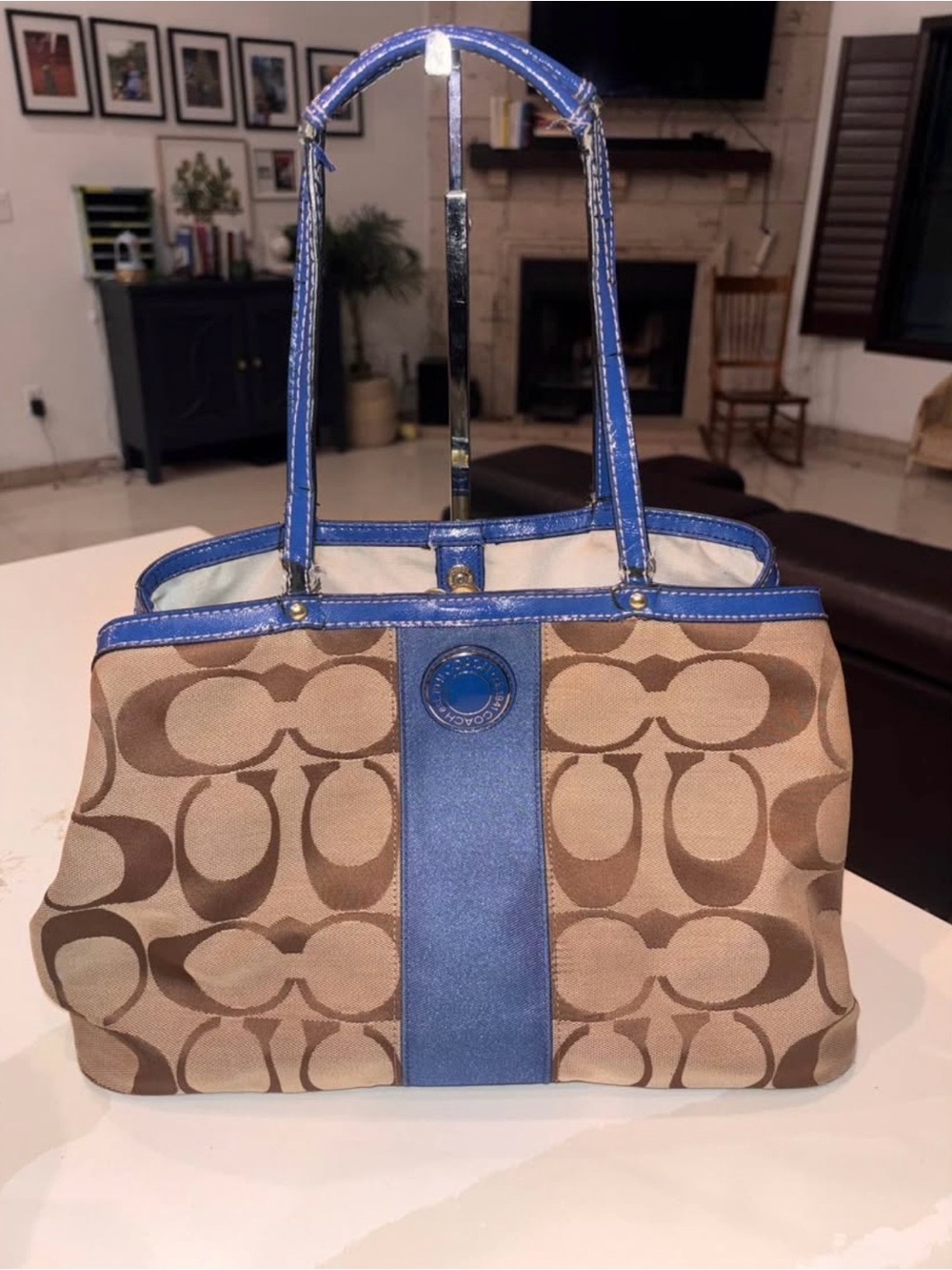 Coach Brown Signature Tote with Blue Trim
